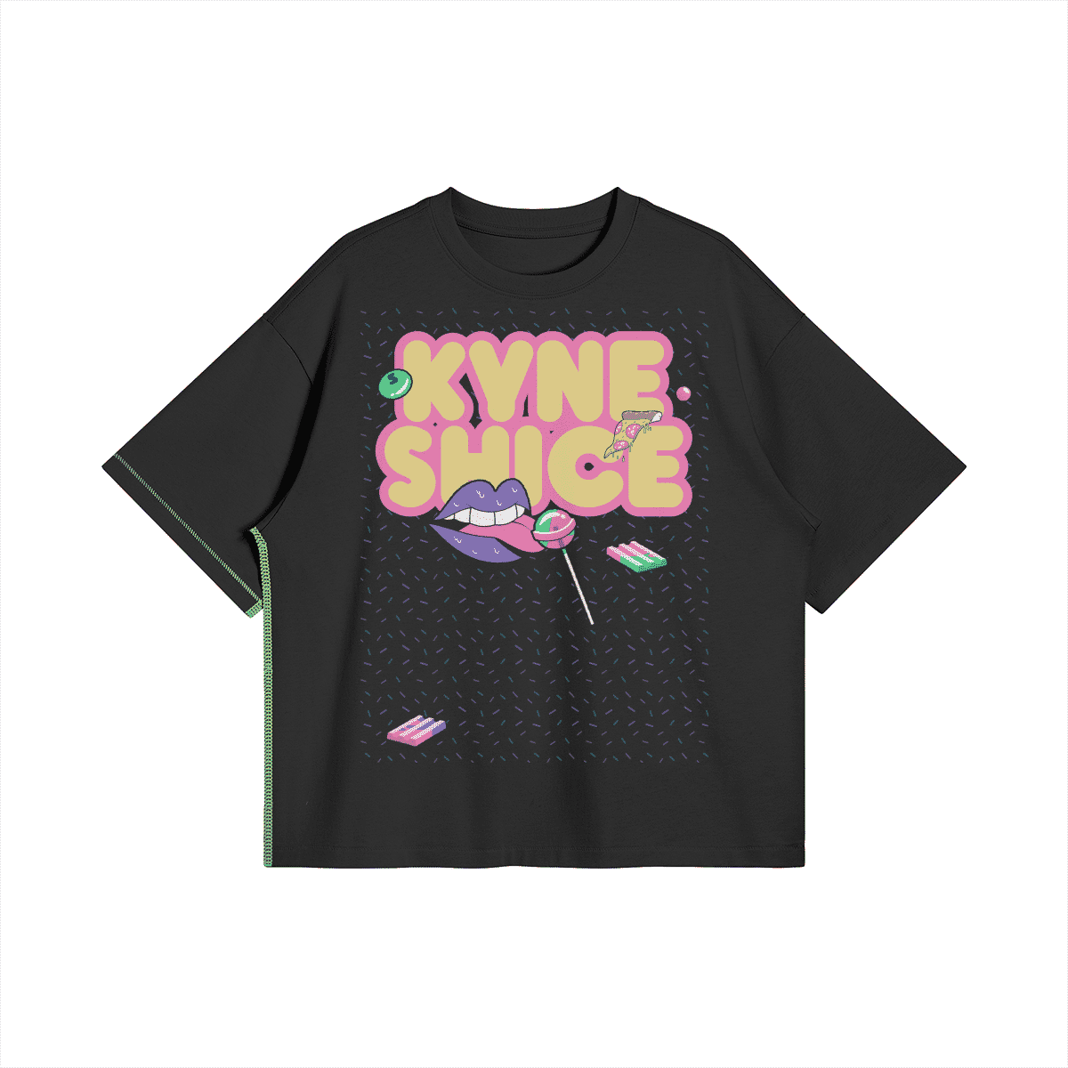 Black oversized T-shirt featuring bold large print with modern art and vibrant typography. Ideal for young fashion lovers with a trendy attitude.