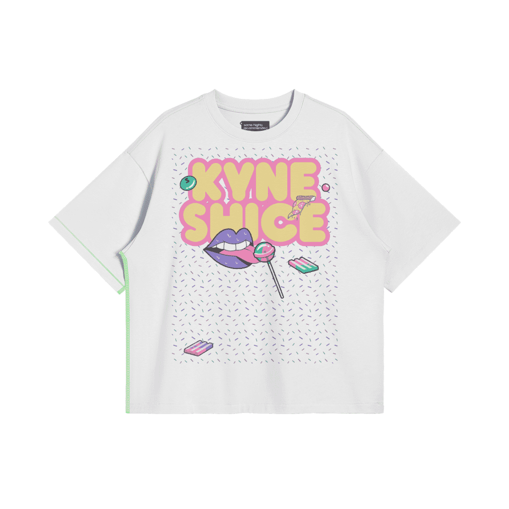 Trendy oversized t-shirt with bold colorful large print featuring modern art typography and youthful graphics ideal for young fashion lovers with attitude.