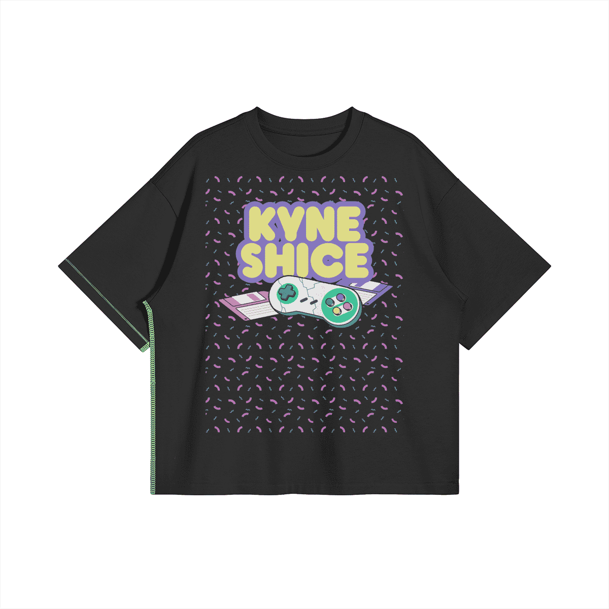 Black oversized T-shirt in modern arts style with bold typography Kyne Shice. Ideal for young fashion lovers. Large print and playful pattern.