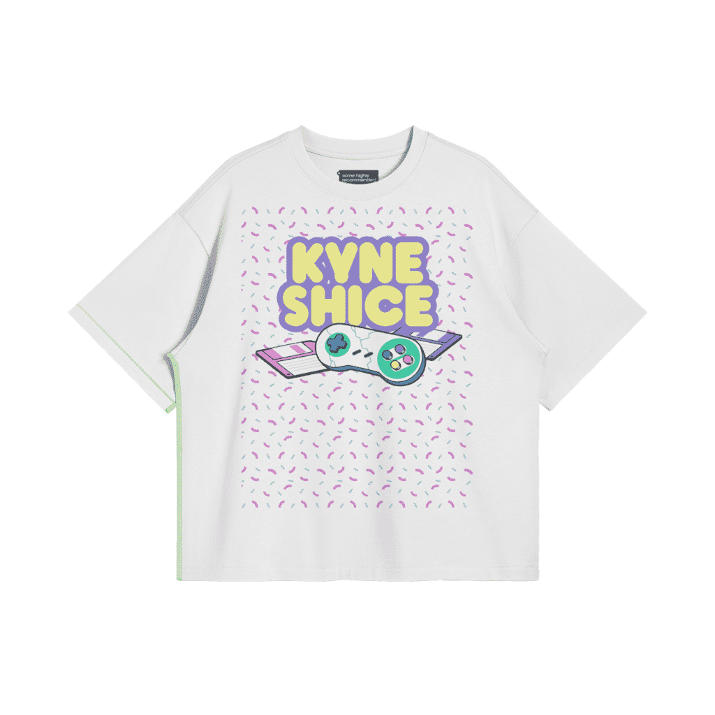Oversized T-shirt with bold typo design KYNE SHICE in pastel colors featuring a playful game controller graphic ideal for young fashion lovers with attitude.