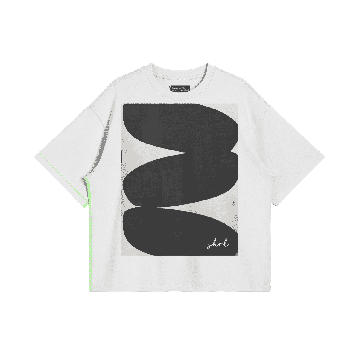 White oversized T-shirt featuring bold black abstract print. Modern artsy typography design. Perfect for young fashion lovers with bold attitudes.