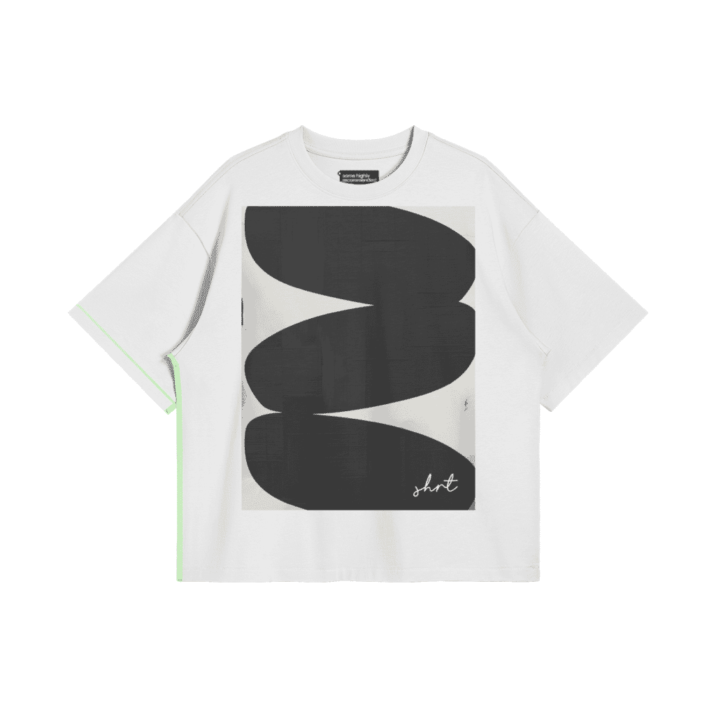 White oversized T-shirt featuring bold black abstract print. Modern artsy typography design. Perfect for young fashion lovers with bold attitudes.