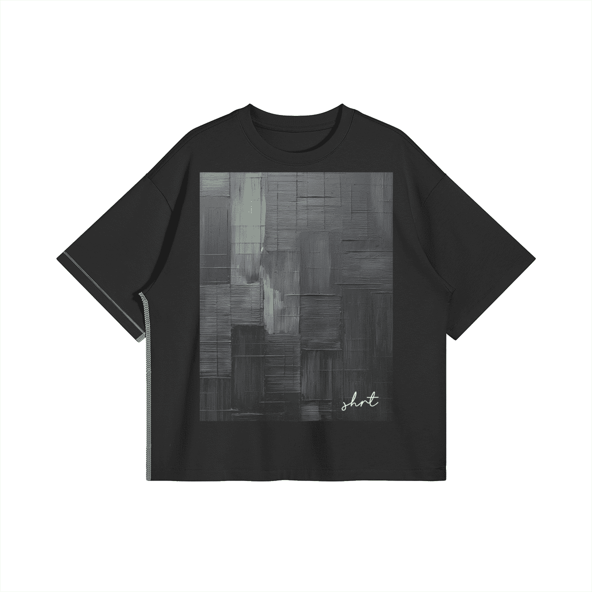 Black oversized T-shirt featuring bold abstract art with large print design perfect for young fashion lovers seeking new modern aesthetics and style.