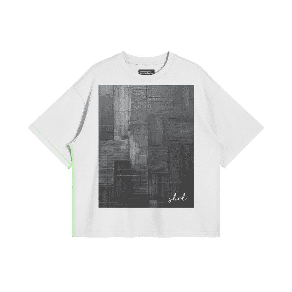 White oversized t-shirt featuring large print with modern abstract art design; ideal for bold young fashion lovers seeking unique aesthetics and style.