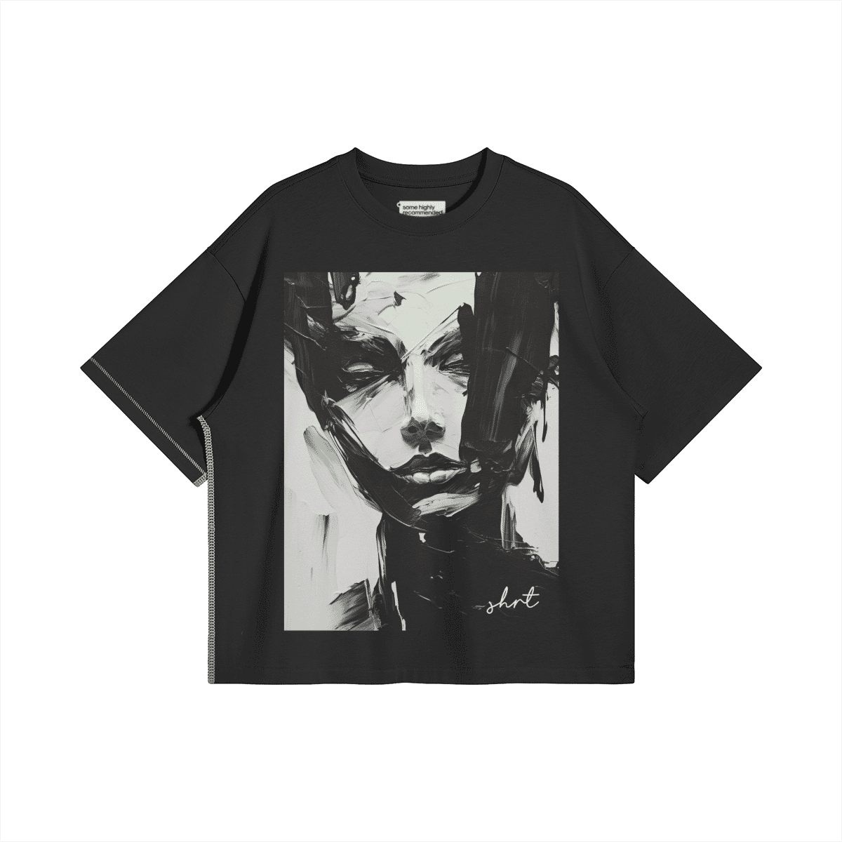 Oversized black T-shirt featuring bold modern art print with abstract face design. Perfect for young fashion lovers seeking a statement piece.