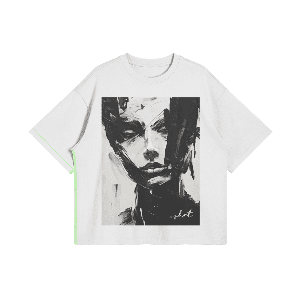 White oversized T-shirt featuring a bold black-and-white abstract face design in modern art style suitable for young fashion lovers with attitude.