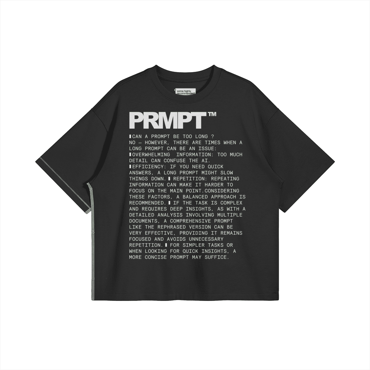 Black oversized T-shirt featuring modern typography with the word PRMPT and large print text; perfect for young fashion lovers with a bold attitude.