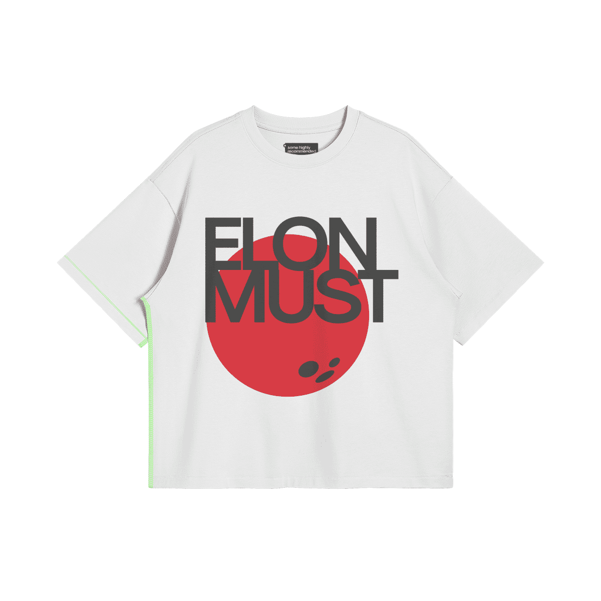 Bold white oversized T-shirt featuring large print typography design with Elon Must text and red abstract art perfect for young fashion lovers with attitude.