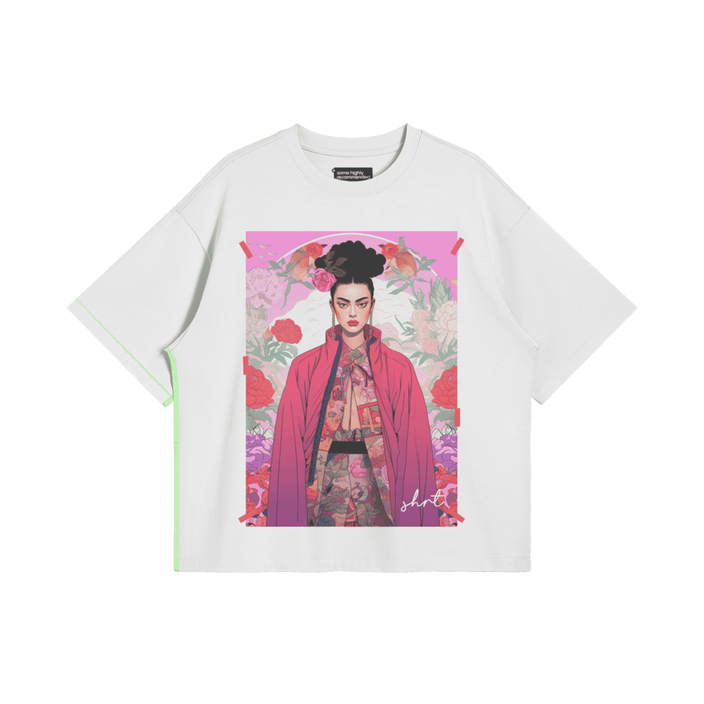 Oversized T-Shirt featuring bold modern art print of a stylish figure with floral background. Perfect for young fashion lovers seeking bold aesthetics.