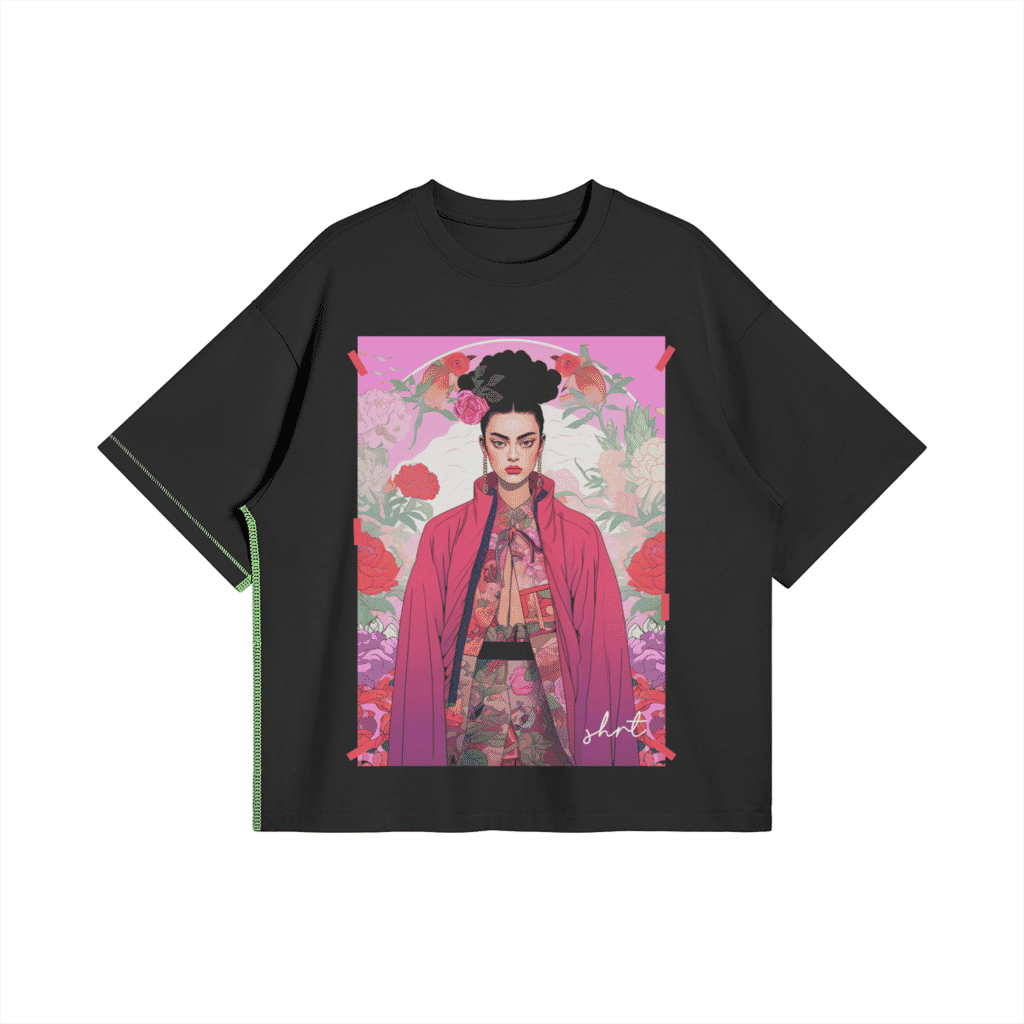 Trendy oversized black T-shirt featuring bold modern arts print with floral patterns and typography. Perfect for young fashion lovers with a bold attitude.