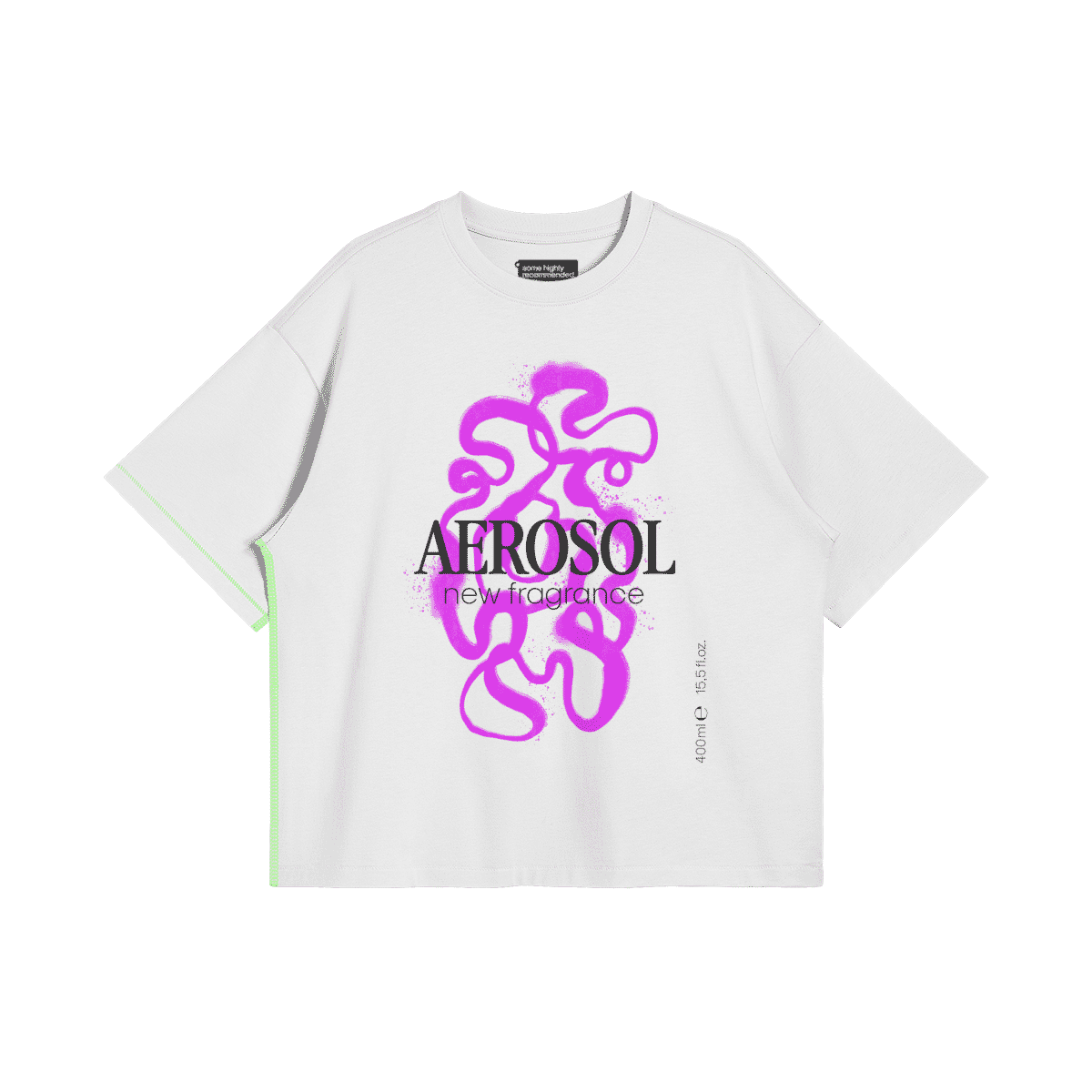 White oversized T-shirt featuring bold purple abstract design and typography AEROSOL new fragrance, perfect for young fashion lovers with attitude.