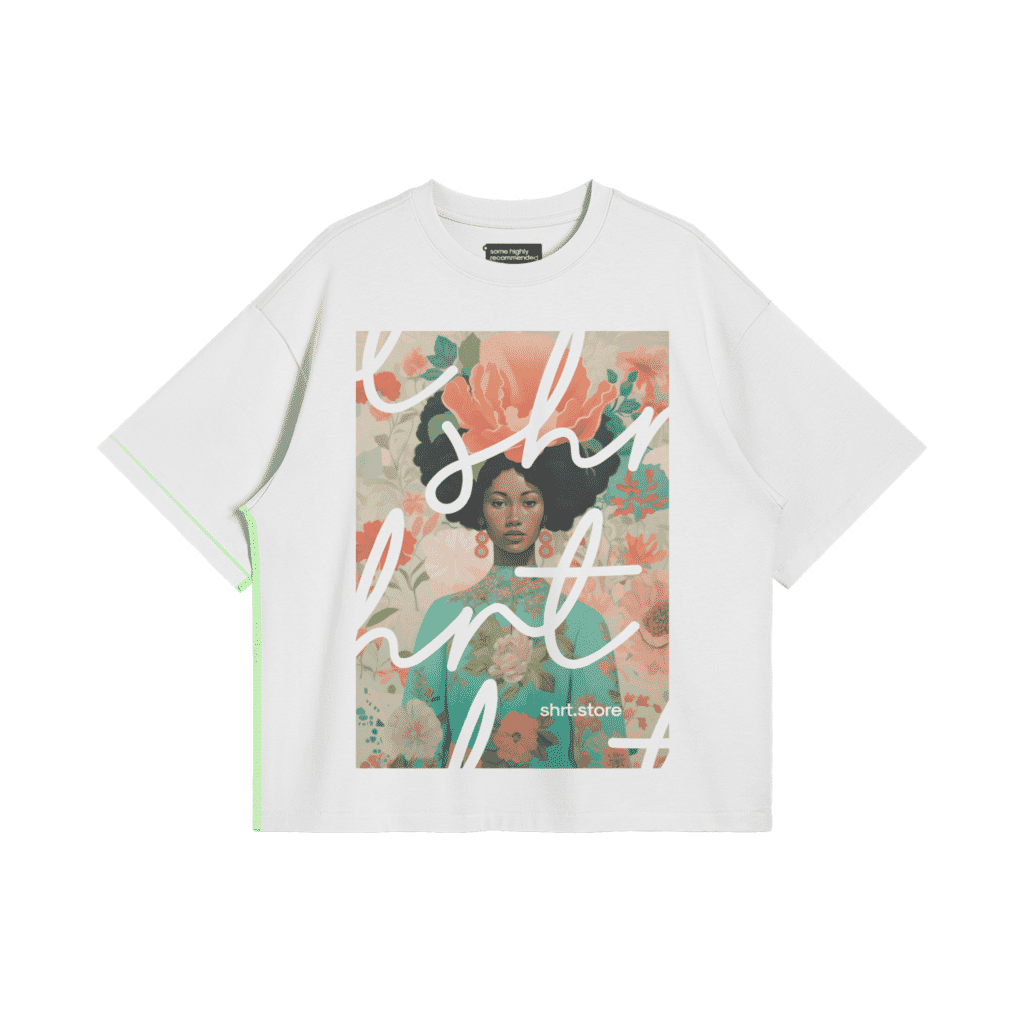 Oversized T-shirt with modern arts print of a woman's portrait in floral theme. Perfect for young fashion lovers. Bold large typography. Fashion statement.