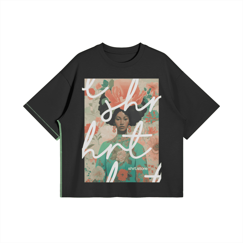Bold oversized T-shirt featuring modern art floral design with elegant typography. Perfect for young fashion lovers valuing unique aesthetics.